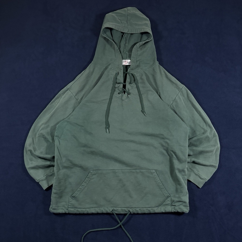 Vtg 90s Action Sport Lace Up Hoodie L Green Cotton Anorak Drawstring Sweatshirt
